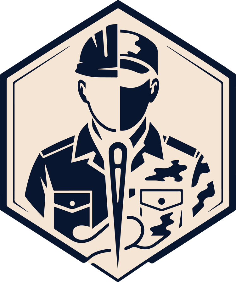 FULL TIME — a tailor and a serviceman sharing one silhouette inside a hexagonal patch, split by a sewing needle.